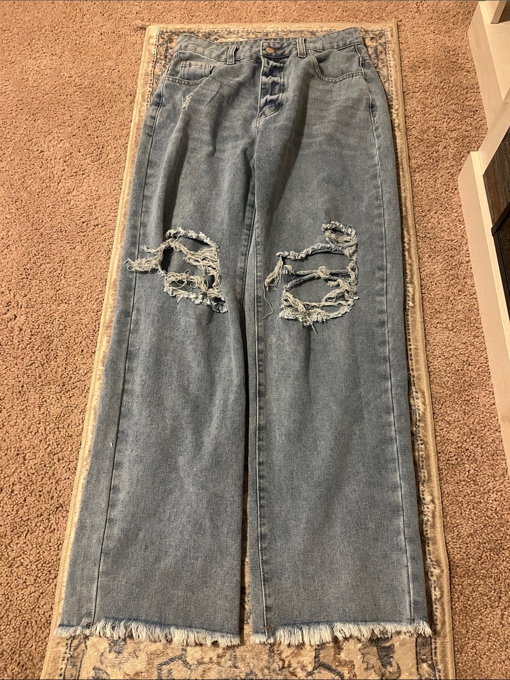 High-Waist Distressed Straight Leg Jeans - Light Blue